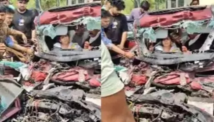 ग्रेटर नोएडा में भयानक कार हादसे में मां-बेटी की बची जान,चकनाचूर हुई SUV