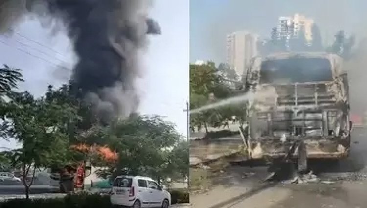 ग्रेटर नोएडा में राइस चौकी के पास बस में भीषण आग, मचा हड़कंप